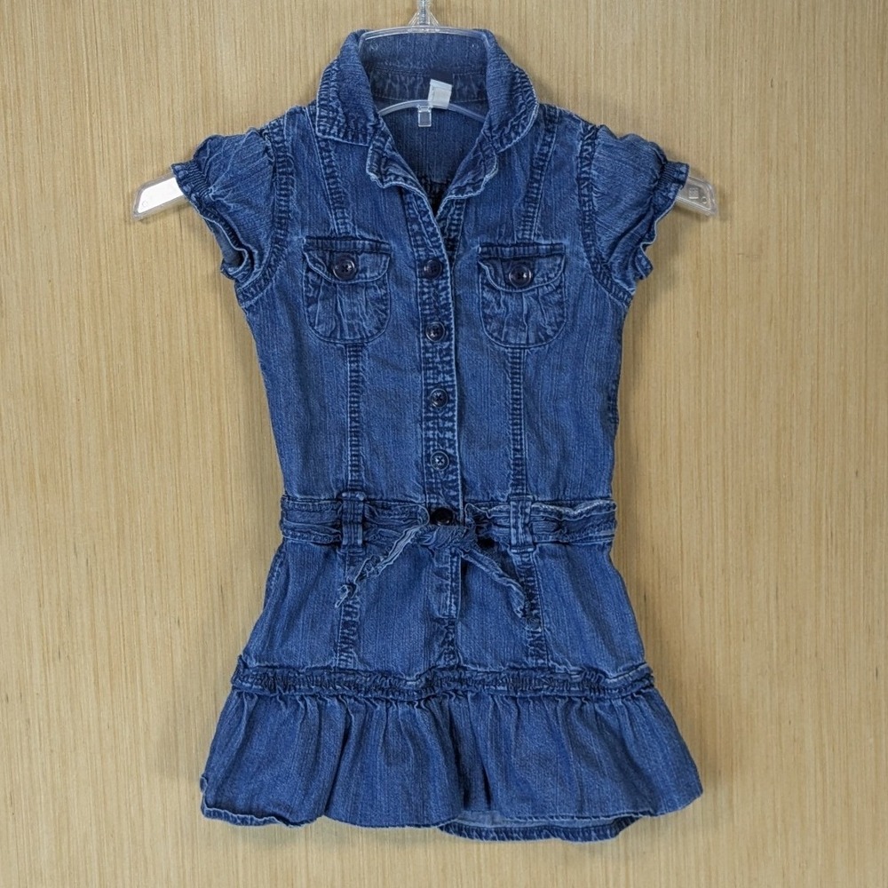 Baby Gap Toddler Girls Y2K Blue Denim Button Front Ruffle Hem Dress Size 4T